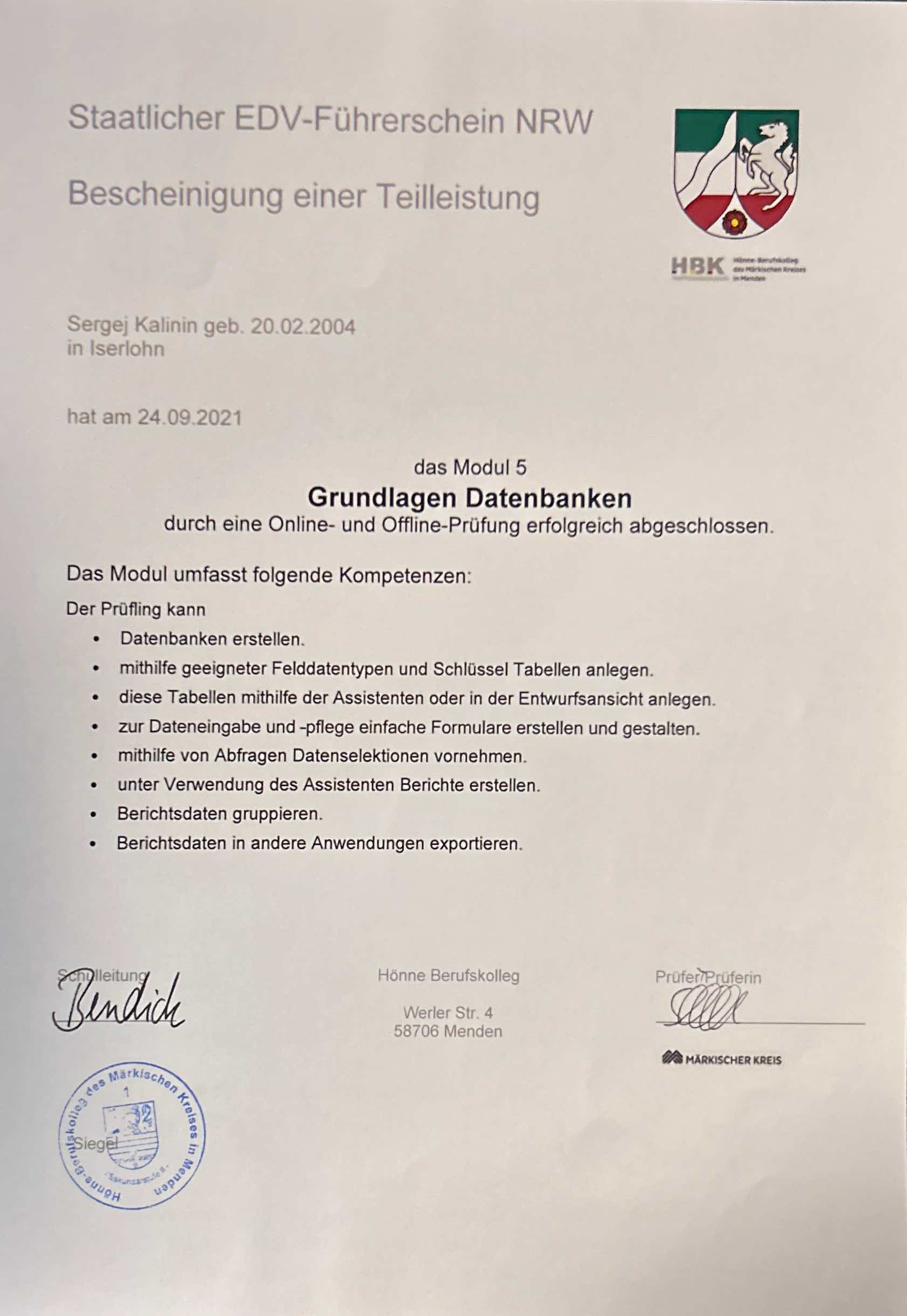 EDV-Führerschein Datenbanken Zertifikat von Sergej Kalinin
