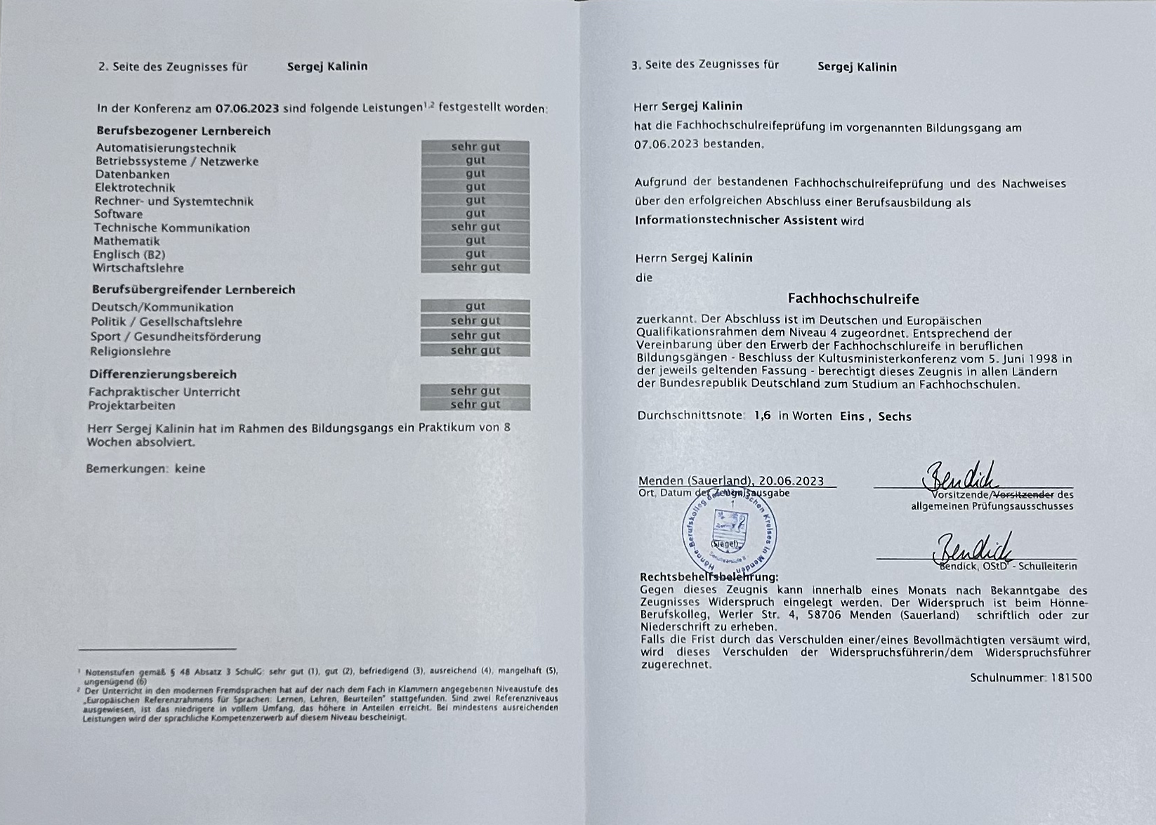 HBK Zeugnis von Sergej Kalinin